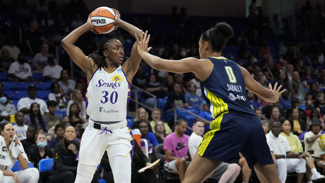 ARLINGTON, TX - JULY 1: Nneka Ogwumike #30 of the Los Angeles Sparks looks to pass the ball during the game against the Dallas Wings on July 1, 2022 at the College Park Center in Arlington, Texas. NOTE TO USER: User expressly acknowledges and agrees that, by downloading and/or using this Photograph, user is consenting to the terms and conditions of the Getty Images License Agreement. Mandatory Copyright Notice: Copyright 2022 NBAE
