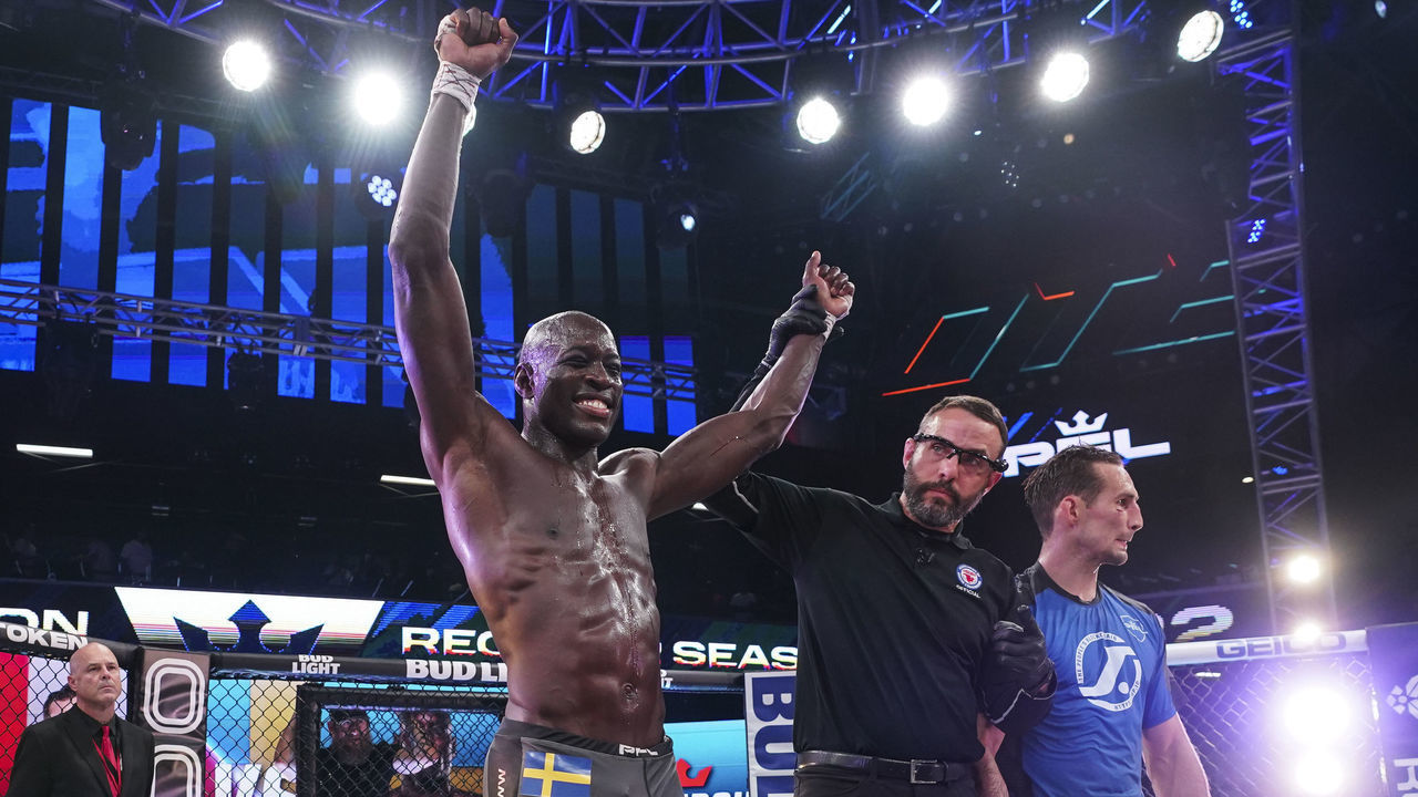 ATLANTA, GA - JULY 01: Sadibou Sy celebrates after defeating Rory MacDonald during PFL 6 at the Overtime Elite Arena on July 1, 2022 in Atlanta, Georgia.
