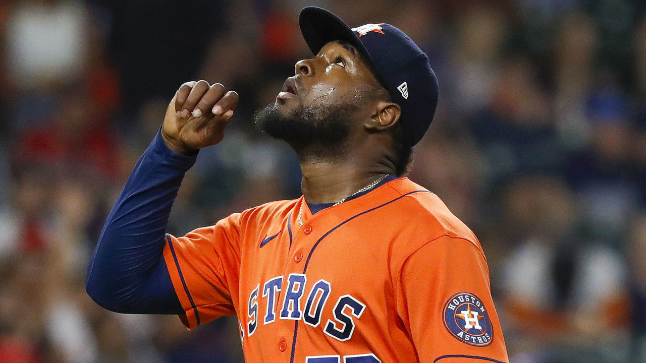 HOUSTON, TEXAS - JULY 01: Cristian Javier #53 of the Houston Astros walkls off the mound in the sixth inning \al at Minute Maid Park on July 01, 2022 in Houston, Texas.