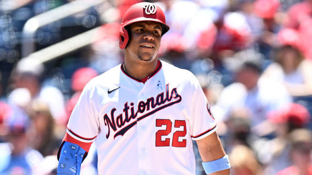 WASHINGTON, DC - JUNE 19: Juan Soto #22 of the Washington Nationals bats against the Philadelphia Phillies at Nationals Park on June 19, 2022 in Washington, DC.