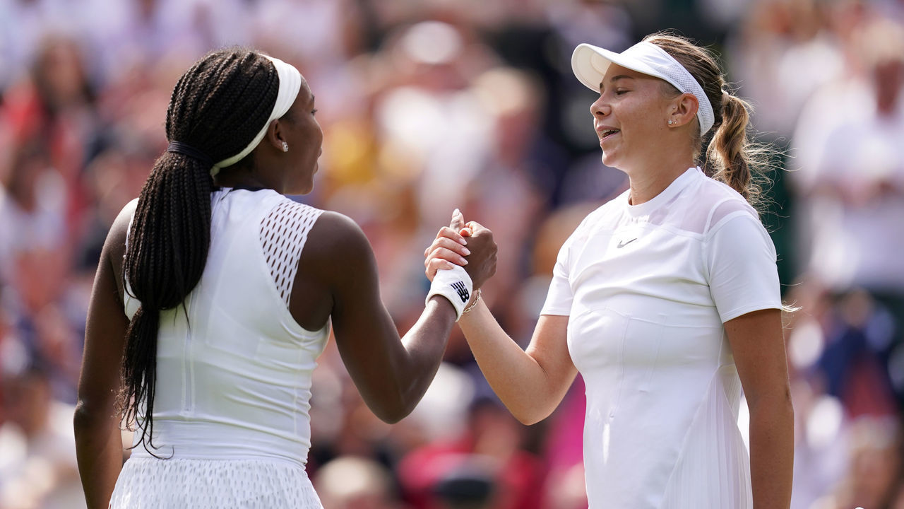 Amanda Anisimova (right) greets Coco Gauff after her victory during day six of the 2022 Wimbledon Championships at the All England Lawn Tennis and Croquet Club, Wimbledon. Picture date: Saturday July 2, 2022.