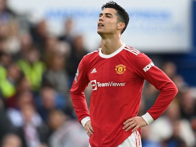 Manchester United's Portuguese striker Cristiano Ronaldo reacts during the English Premier League football match between Brighton and Hove Albion and Manchester United at the American Express Community Stadium in Brighton, southern England on May 7, 2022. - RESTRICTED TO EDITORIAL USE. No use with unauthorized audio, video, data, fixture lists, club/league logos or 'live' services. Online in-match use limited to 120 images. An additional 40 images may be used in extra time. No video emulation. Social media in-match use limited to 120 images. An additional 40 images may be used in extra time. No use in betting publications, games or single club/league/player publications.