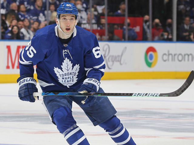 TORONTO, ON - MAY 14: Ilya Mikheyev #65 of the Toronto Maple Leafs skates against the Tampa Bay Lightning during Game Seven of the First Round of the 2022 Stanley Cup Playoffs at Scotiabank Arena on May 14, 2022 in Toronto, Ontario, Canada. ( Photo by Claus Andersen/Getty images)