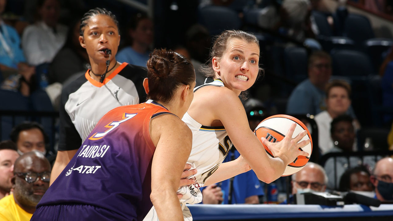 CHICAGO, IL - JULY 2: Allie Quigley #14 of the Chicago Sky handles the ball during the game against the Phoenix Mercury on July 2, 2022 at the Wintrust Arena in Chicago, Illinois. Mandatory Copyright Notice: Copyright 2022 NBAE