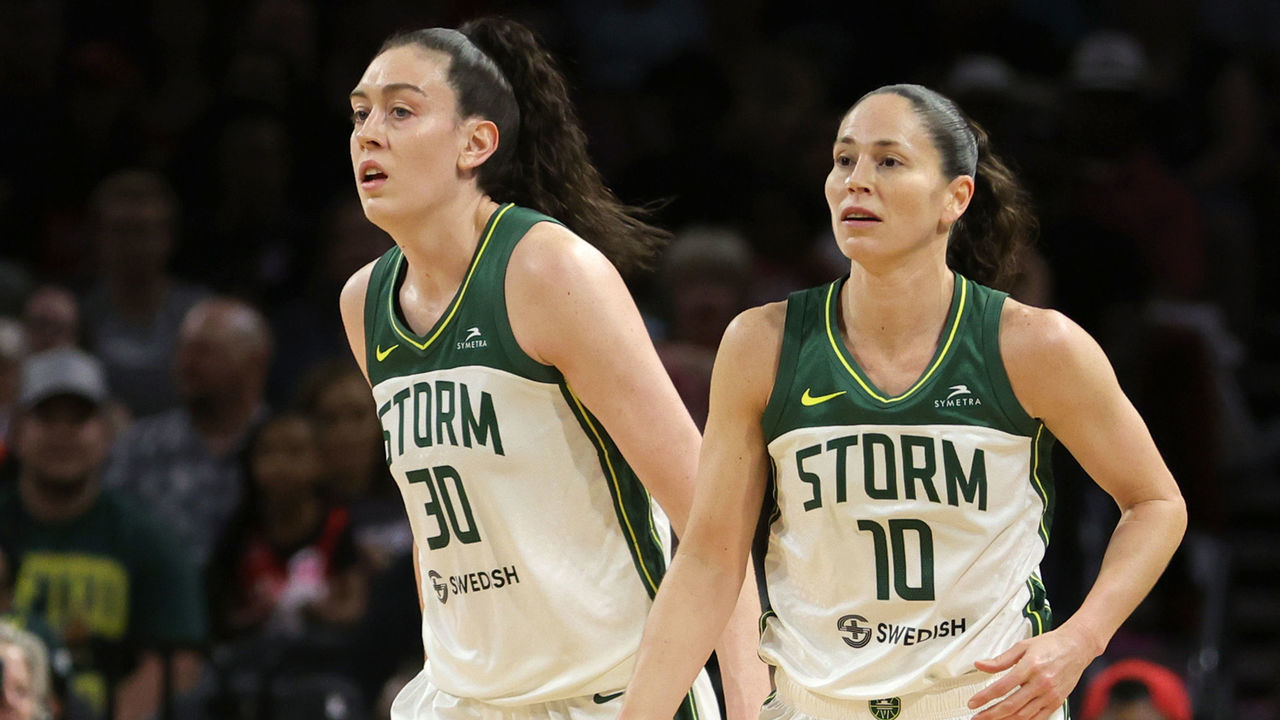 LAS VEGAS, NEVADA - MAY 08: Breanna Stewart #30 and Sue Bird #10 of the Seattle Storm walk off the court during a timeout in their game against the Las Vegas Aces at Michelob ULTRA Arena on May 08, 2022 in Las Vegas, Nevada. The Aces defeated the Storm 85-74.