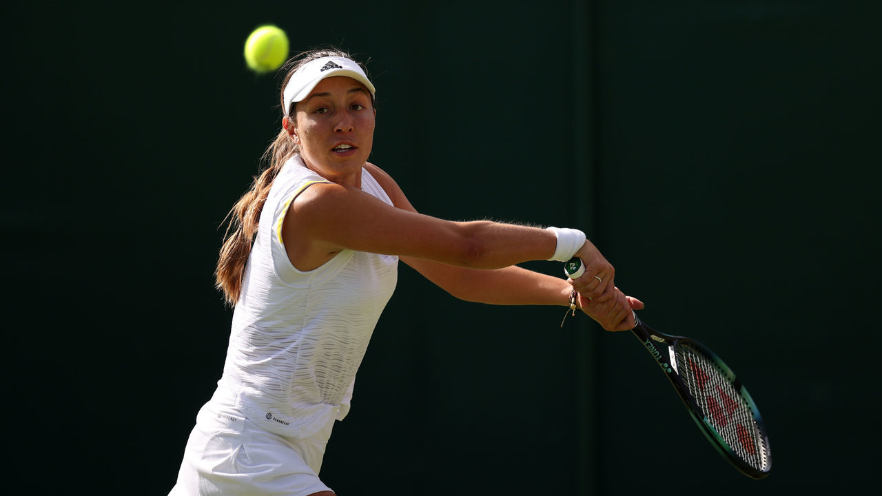 LONDON, ENGLAND - JULY 02: Jessica Pegula of The United States plays a backhand against Petra Martic of Croatia during their Women's Singles Third Round match on day six of The Championships Wimbledon 2022 at All England Lawn Tennis and Croquet Club on July 02, 2022 in London, England.