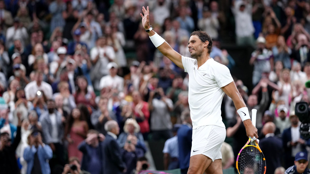 Rafael Nadal gestures to the crowdafter winning his GentlemenÕs Singles third round match during day six of the 2022 Wimbledon Championships at the All England Lawn Tennis and Croquet Club, Wimbledon. Picture date: Saturday July 2, 2022.