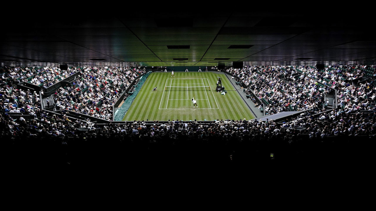 General view as Serena Williams serves against Harmony Tan in the first round match on centre court during day two of the 2022 Wimbledon Championships at the All England Lawn Tennis and Croquet Club, Wimbledon. Picture date: Tuesday June 28, 2022.
