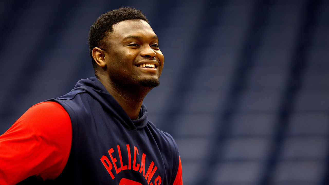 NEW ORLEANS, LOUISIANA - MARCH 27: Zion Williamson #1 of the New Orleans Pelicans stands on the court prior to the start of an NBA game against the Los Angeles Lakers at Smoothie King Center on March 27, 2022 in New Orleans, Louisiana.
