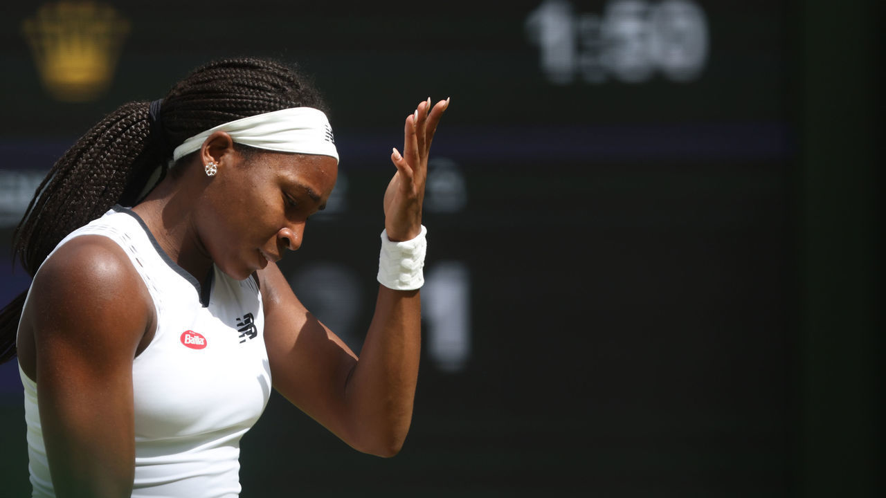 LONDON, ENGLAND - JULY 02: Coco Gauff of the United States of America in action against Amanda Anisimova of the United States of America during their Women's Singles Third Round match during day six of The Championships Wimbledon 2022 at All England Lawn Tennis and Croquet Club on July 2, 2022 in London, England.