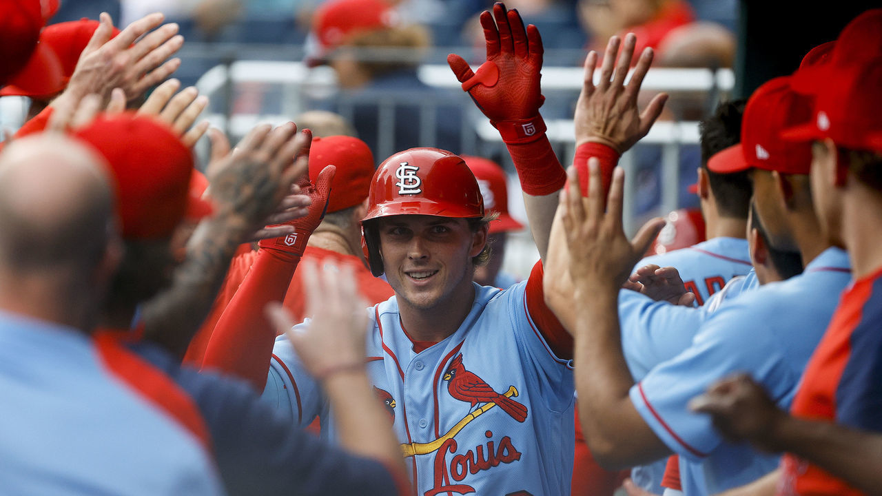 PHILADELPHIA, PENNSYLVANIA - JULY 02: Nolan Gorman #16 of the St. Louis Cardinals celebrates with teammates after hitting a solo home run during the first inning against the Philadelphia Phillies at Citizens Bank Park on July 02, 2022 in Philadelphia, Pennsylvania.