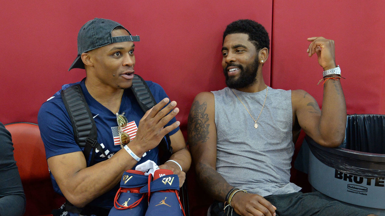 LAS VEGAS, NV - July 27: Russell Westbrook and Kyrie Irving get ready before USAB Minicamp at Mendenhall Center on the University of Nevada, Las Vegas campus on July 27, 2018 in Las Vegas, Nevada. NOTE TO USER: User expressly acknowledges and agrees that, by downloading and/or using this Photograph, user is consenting to the terms and conditions of the Getty Images License Agreement. Mandatory Copyright Notice: Copyright 2018 NBAE