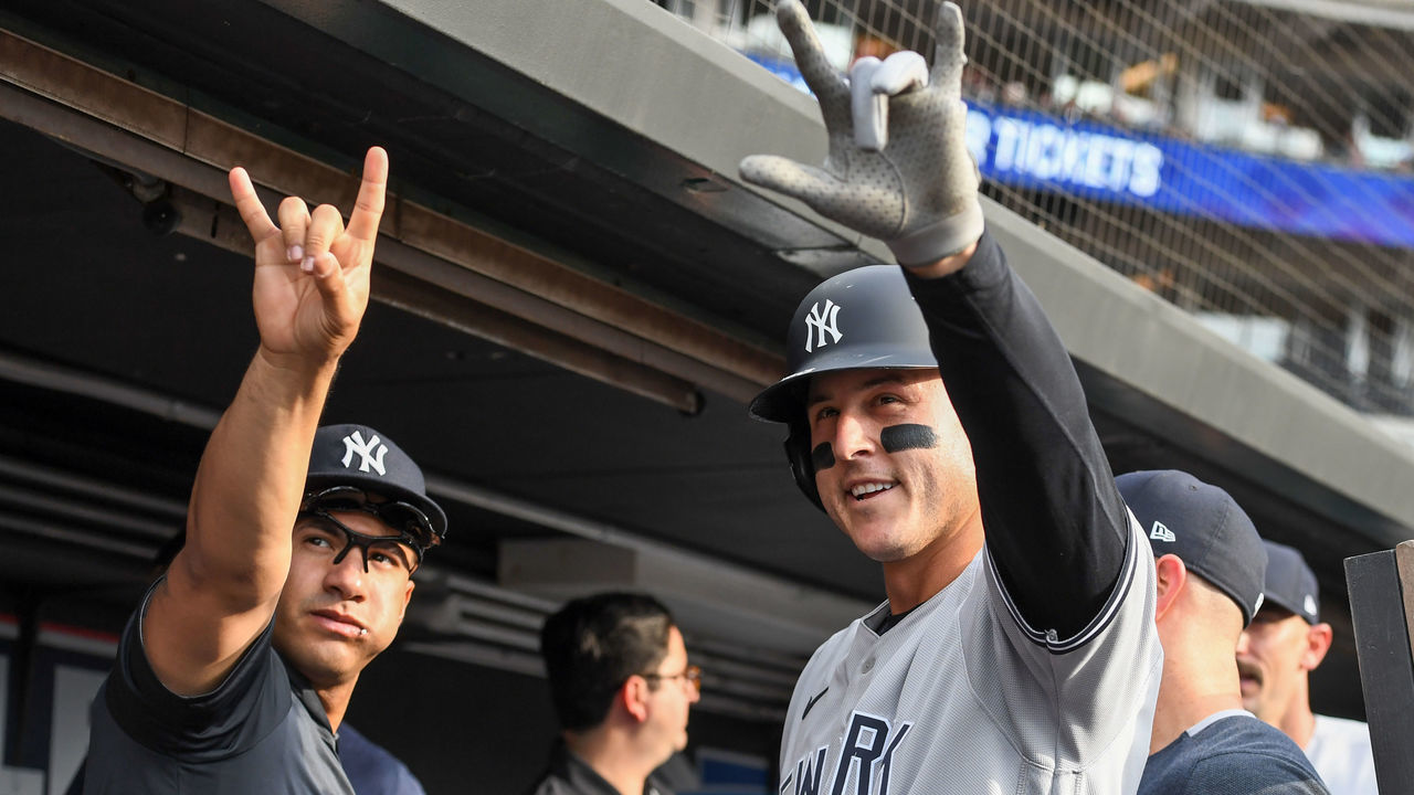 CLEVELAND, OH - JULY 02: Anthony Rizzo #48 and Gleyber Torres #25 of the New York Yankees celebrate a solo home run by Rizzo off Aaron Civale of the Cleveland Guardians during the fourth inning in game two of a doubleheader at Progressive Field on July 2, 2022 in Cleveland, Ohio.