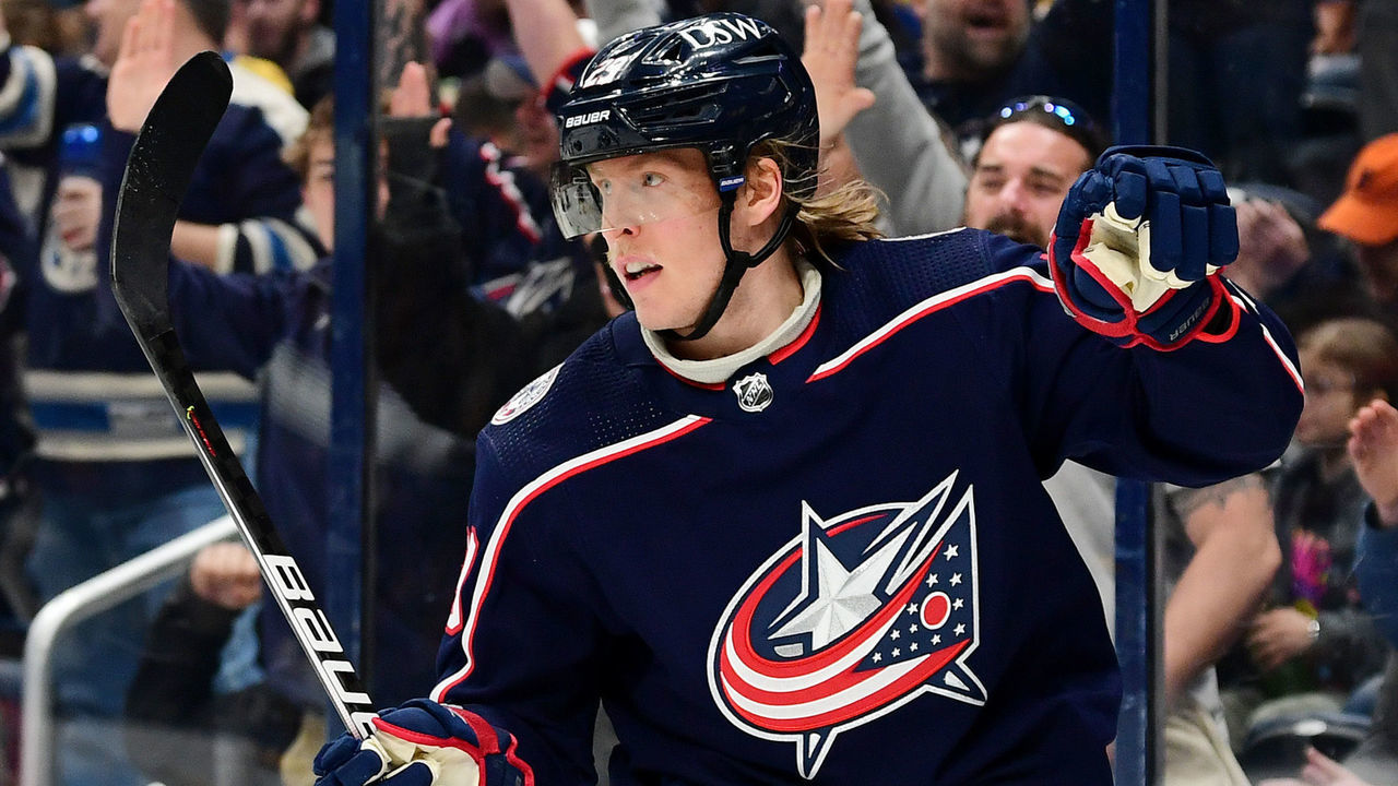 COLUMBUS, OHIO - MARCH 19: Patrik Laine #29 of the Columbus Blue Jackets celebrates his goal against the St. Louis Blues during the second period at Nationwide Arena on March 19, 2022 in Columbus, Ohio.