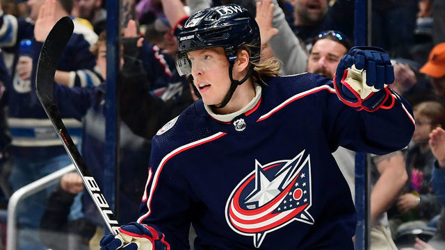 COLUMBUS, OHIO - MARCH 19: Patrik Laine #29 of the Columbus Blue Jackets celebrates his goal against the St. Louis Blues during the second period at Nationwide Arena on March 19, 2022 in Columbus, Ohio.
