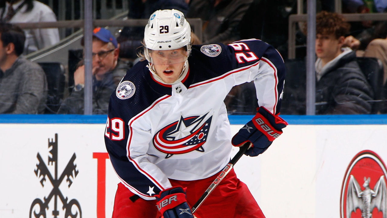 ELMONT, NEW YORK - MARCH 31: Patrik Laine #29 of the Columbus Blue Jackets skates in his 400th NHL game against the New York Islanders at the UBS Arena on March 31, 2022 in Elmont, New York.