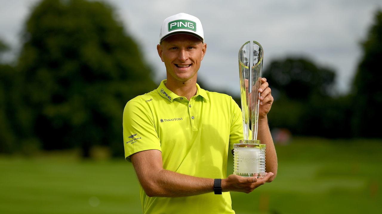 Kilkenny , Ireland - 3 July 2022; Adrian Meronk of Poland with the trophy after day four of the Horizon Irish Open Golf Championship at Mount Juliet Golf Club in Thomastown, Kilkenny.