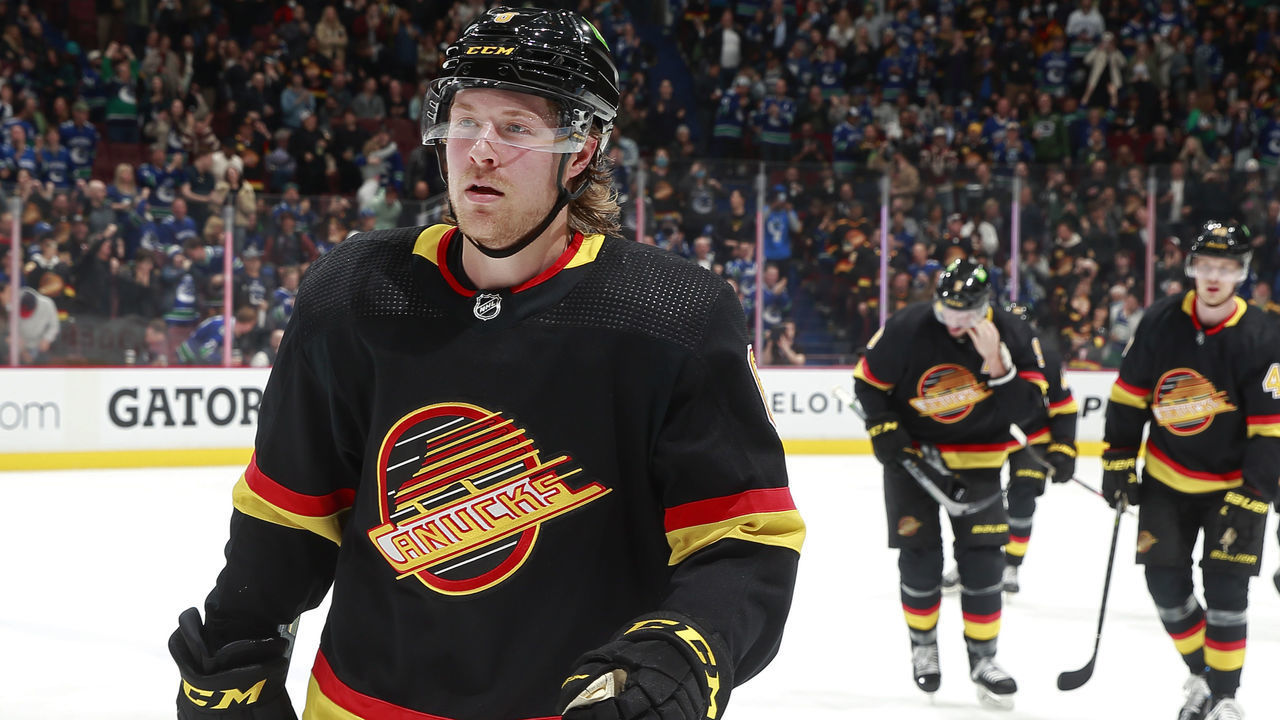 VANCOUVER, BC - APRIL 28: Brock Boeser #6 of the Vancouver Canucks celebrates after scoring during their NHL game against the Los Angeles Kings at Rogers Arena April 28, 2022 in Vancouver, British Columbia, Canada.