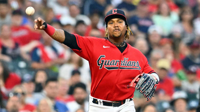 CLEVELAND, OHIO - JUNE 24: Third baseman Jose Ramirez #11 of the Cleveland Guardians throws out Christian Vazquez #7 of the Boston Red Sox at first to end the top of the sixth inning at Progressive Field on June 24, 2022 in Cleveland, Ohio.