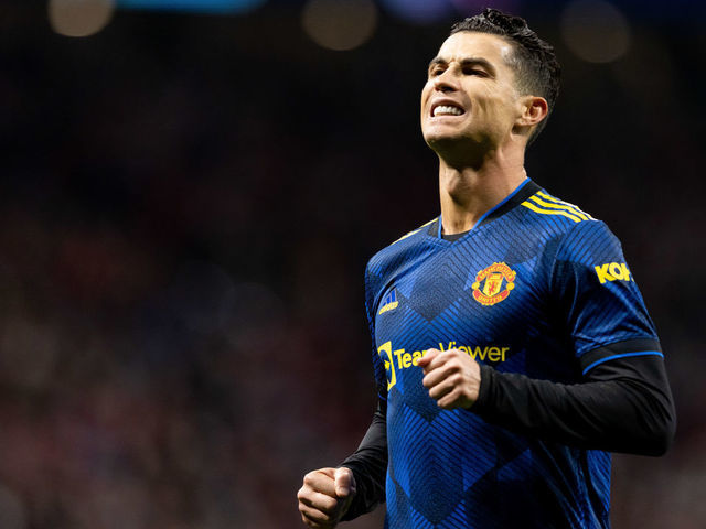MADRID, SPAIN - FEBRUARY 23: Cristiano Ronaldo of Manchester United looks dejected during the UEFA Champions League Round Of Sixteen Leg One match between Atletico Madrid and Manchester United at Wanda Metropolitano on February 23, 2022 in Madrid, Spain.