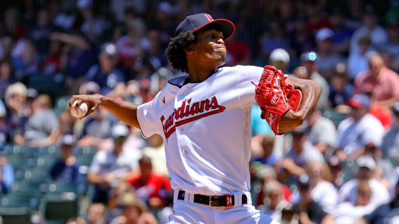 CLEVELAND, OH - JULY 03: Cleveland Guardians starting pitcher Triston McKenzie (24) delivers a pitch to the plate during the first inning of the Major League Baseball game between the New York Yankees and Cleveland Guardians on July 3, 2022, at Progressive Field in Cleveland, OH.