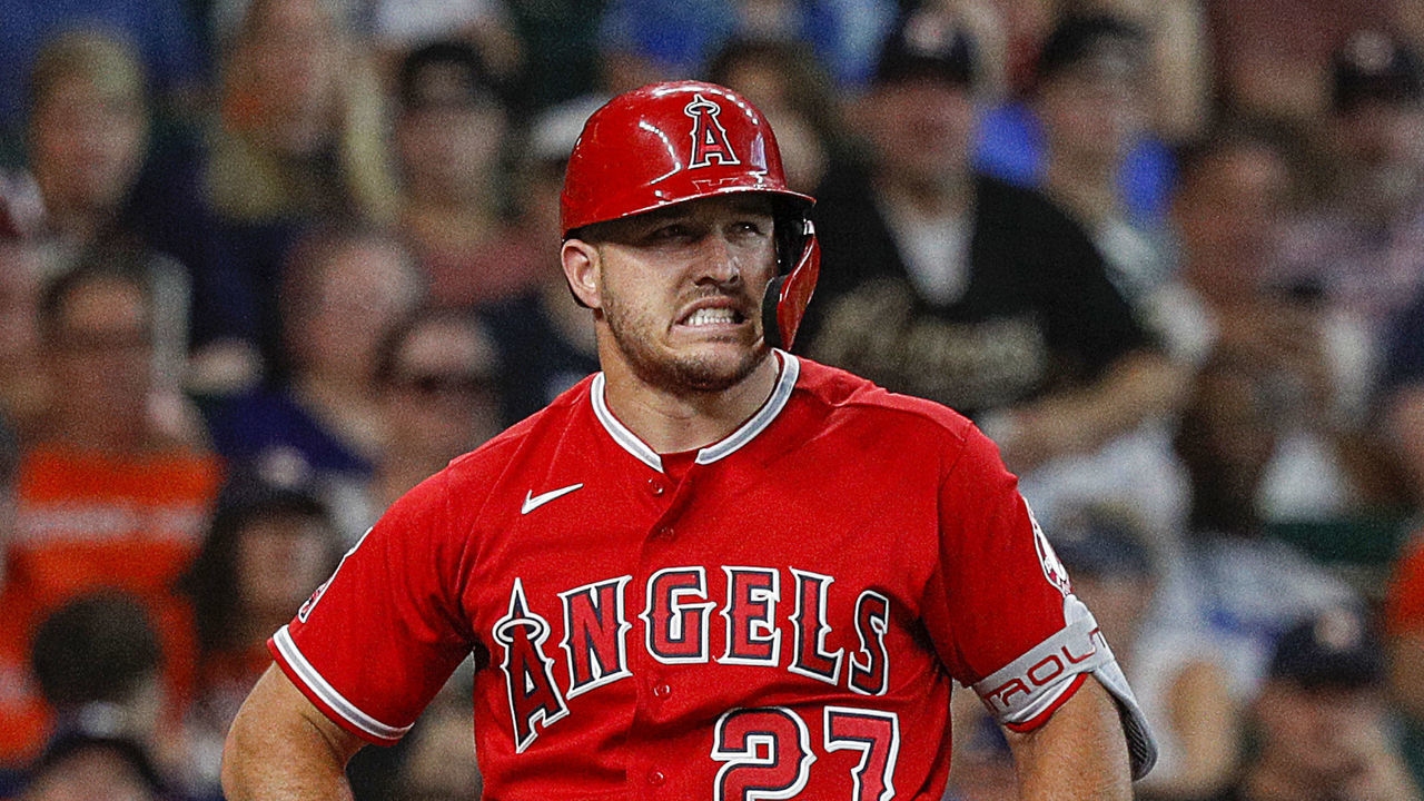 HOUSTON, TEXAS - JULY 03: Mike Trout #27 of the Los Angeles Angels is called out on strikes in the third inning against the Houston Astros at Minute Maid Park on July 03, 2022 in Houston, Texas.