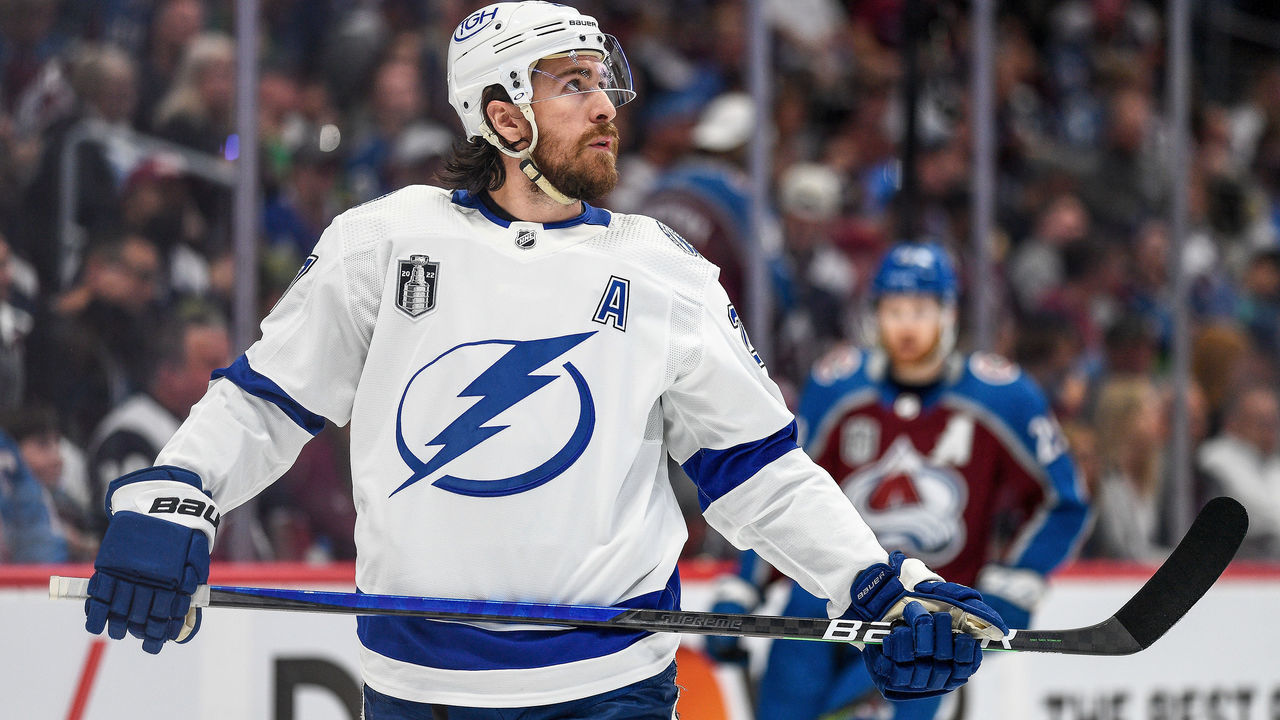 DENVER, CO - JUNE 24: Tampa Bay Lightning defenseman Ryan McDonagh (27) looks on during the Stanley Cup Finals game 5 between the Tampa Bay Lightning and the Colorado Avalanche at Ball Arena in Denver, Colorado on June 24, 2022.