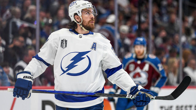DENVER, CO - JUNE 24: Tampa Bay Lightning defenseman Ryan McDonagh (27) looks on during the Stanley Cup Finals game 5 between the Tampa Bay Lightning and the Colorado Avalanche at Ball Arena in Denver, Colorado on June 24, 2022.