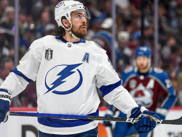 DENVER, CO - JUNE 24: Tampa Bay Lightning defenseman Ryan McDonagh (27) looks on during the Stanley Cup Finals game 5 between the Tampa Bay Lightning and the Colorado Avalanche at Ball Arena in Denver, Colorado on June 24, 2022.