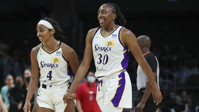 LOS ANGELES, CALIFORNIA - JULY 03: Lexie Brown #4 and Nneka Ogwumike #30 of the Los Angeles Sparks react in the second half against the New York Liberty at Crypto.com Arena on July 03, 2022 in Los Angeles, California.