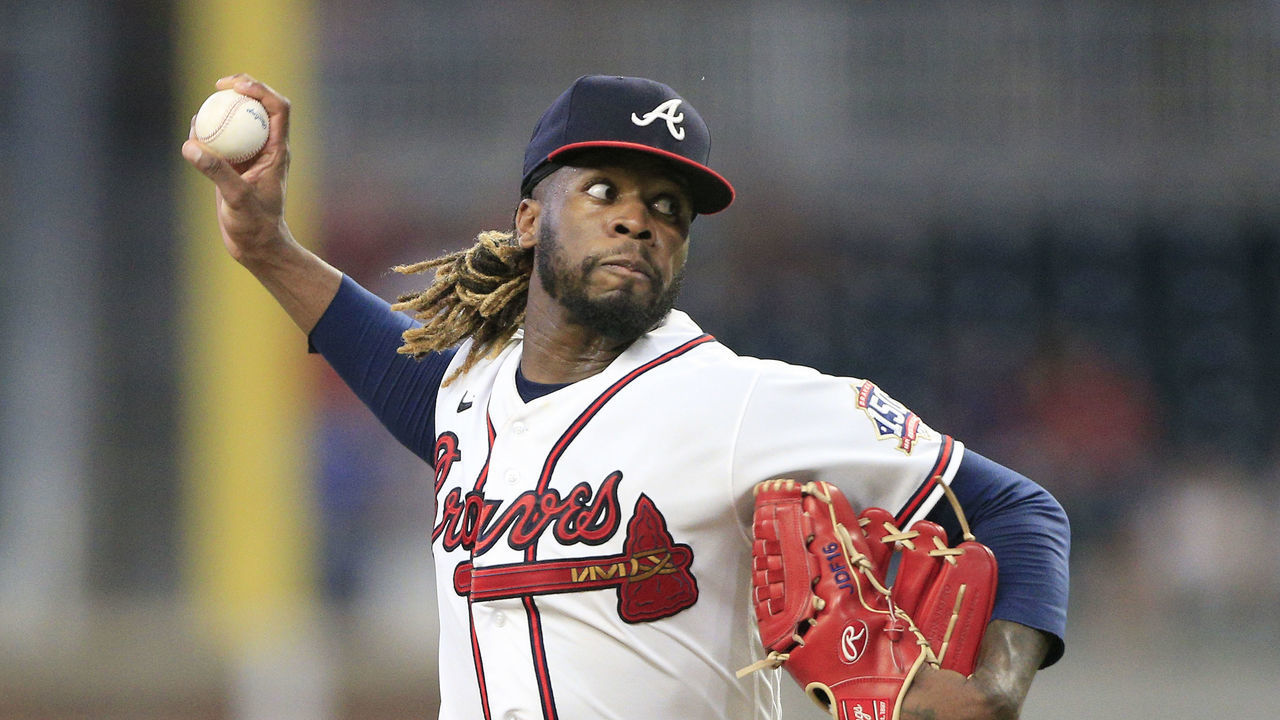 ATLANTA, GA - SEPTEMBER 14: Starting pitcher Touki Toussaint (62) of the Atlanta Braves throws during the Tuesday evening MLB game between the Colorado Rockies and the Atlanta Braves on September 14, 2021 at Truist Park in Atlanta, Georgia.