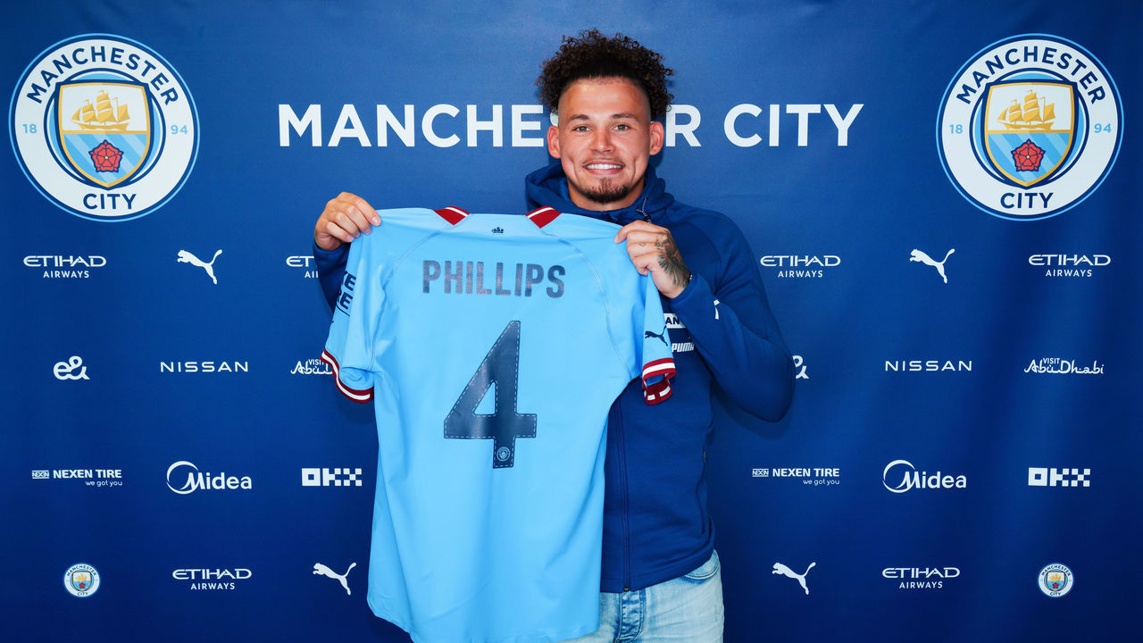 MANCHESTER, ENGLAND - JULY 04: (EXCLUSIVE COVERAGE) Manchester City unveil new signing Kalvin Phillips at Manchester City Football Academy on July 04, 2022 in Manchester, England.