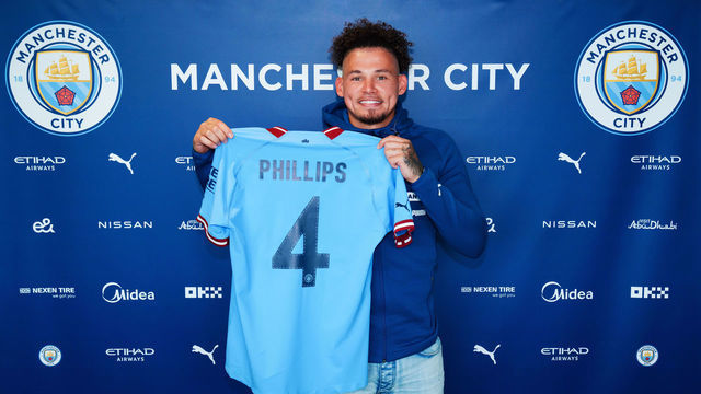 MANCHESTER, ENGLAND - JULY 04: (EXCLUSIVE COVERAGE) Manchester City unveil new signing Kalvin Phillips at Manchester City Football Academy on July 04, 2022 in Manchester, England.