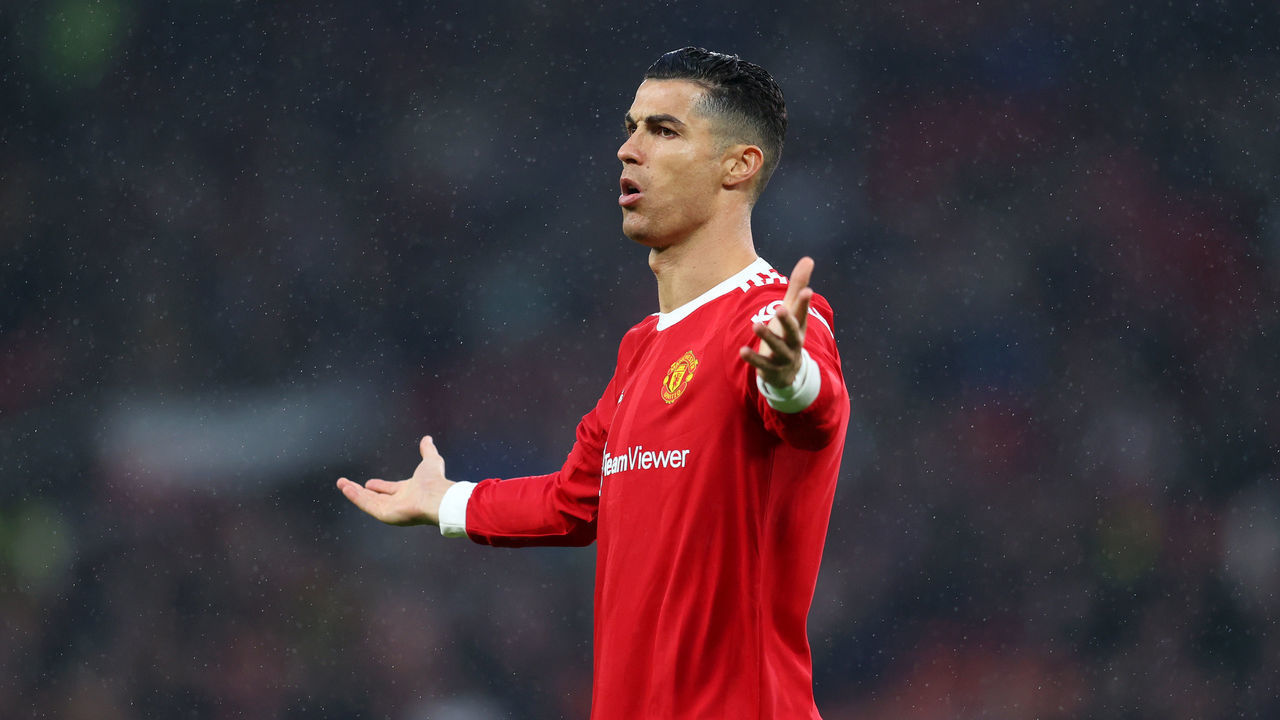 MANCHESTER, ENGLAND - MAY 02: Cristiano Ronaldo of Manchester United reacts during the Premier League match between Manchester United and Brentford at Old Trafford on May 02, 2022 in Manchester, England.