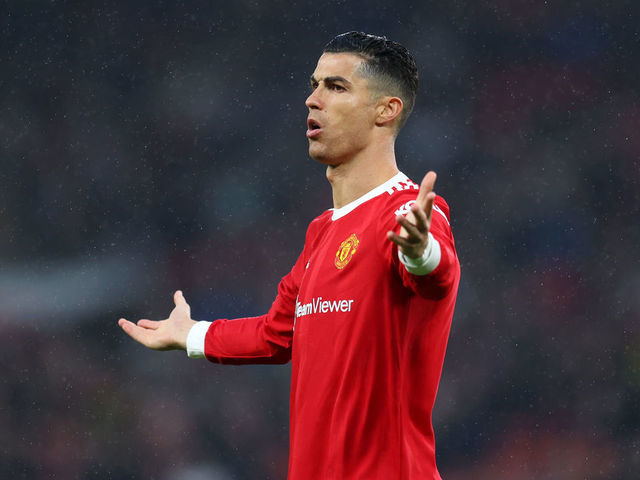 MANCHESTER, ENGLAND - MAY 02: Cristiano Ronaldo of Manchester United reacts during the Premier League match between Manchester United and Brentford at Old Trafford on May 02, 2022 in Manchester, England.