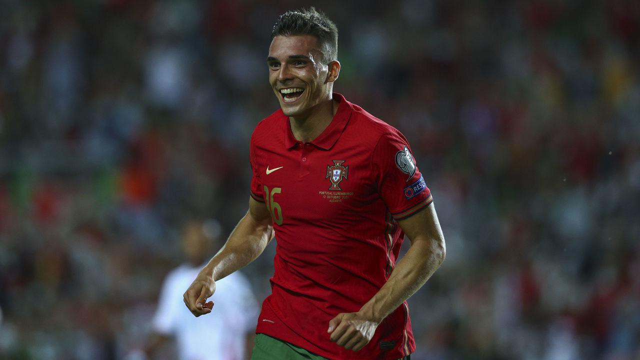 FARO, PORTUGAL - OCTOBER 12: Joao Palhinha of Sporting CP and Portugal celebrates scoring Portugal fourth goal during the 2022 FIFA World Cup Qualifier match between Portugal and Luxembourg at Estadio Algarve on October 12, 2021 in Faro, Faro.