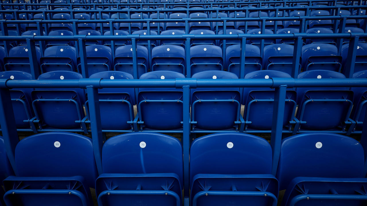 LONDON, ENGLAND - MAY 07: Safe standing seats are seen inside the stadium prior to the Premier League match between Chelsea and Wolverhampton Wanderers at Stamford Bridge on May 07, 2022 in London, England.