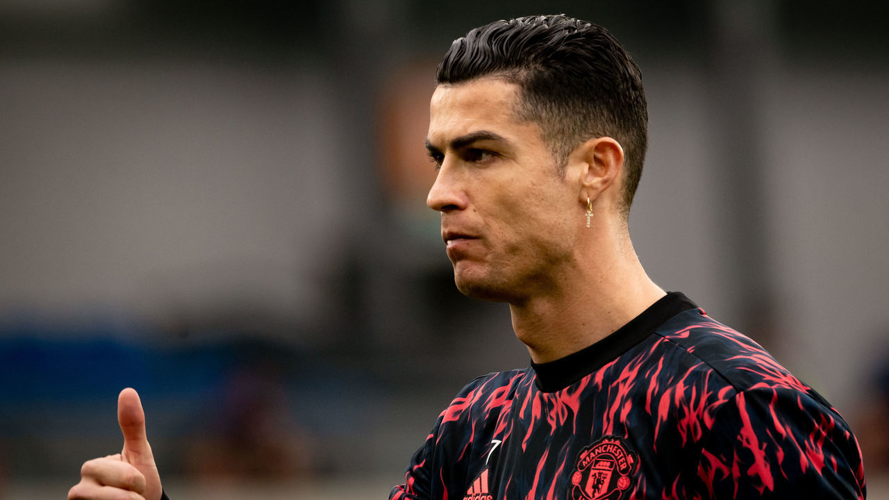 BRIGHTON, ENGLAND - MAY 07: Cristiano Ronaldo of Manchester United warms up ahead of the Premier League match between Brighton & Hove Albion and Manchester United at American Express Community Stadium on May 07, 2022 in Brighton, England.