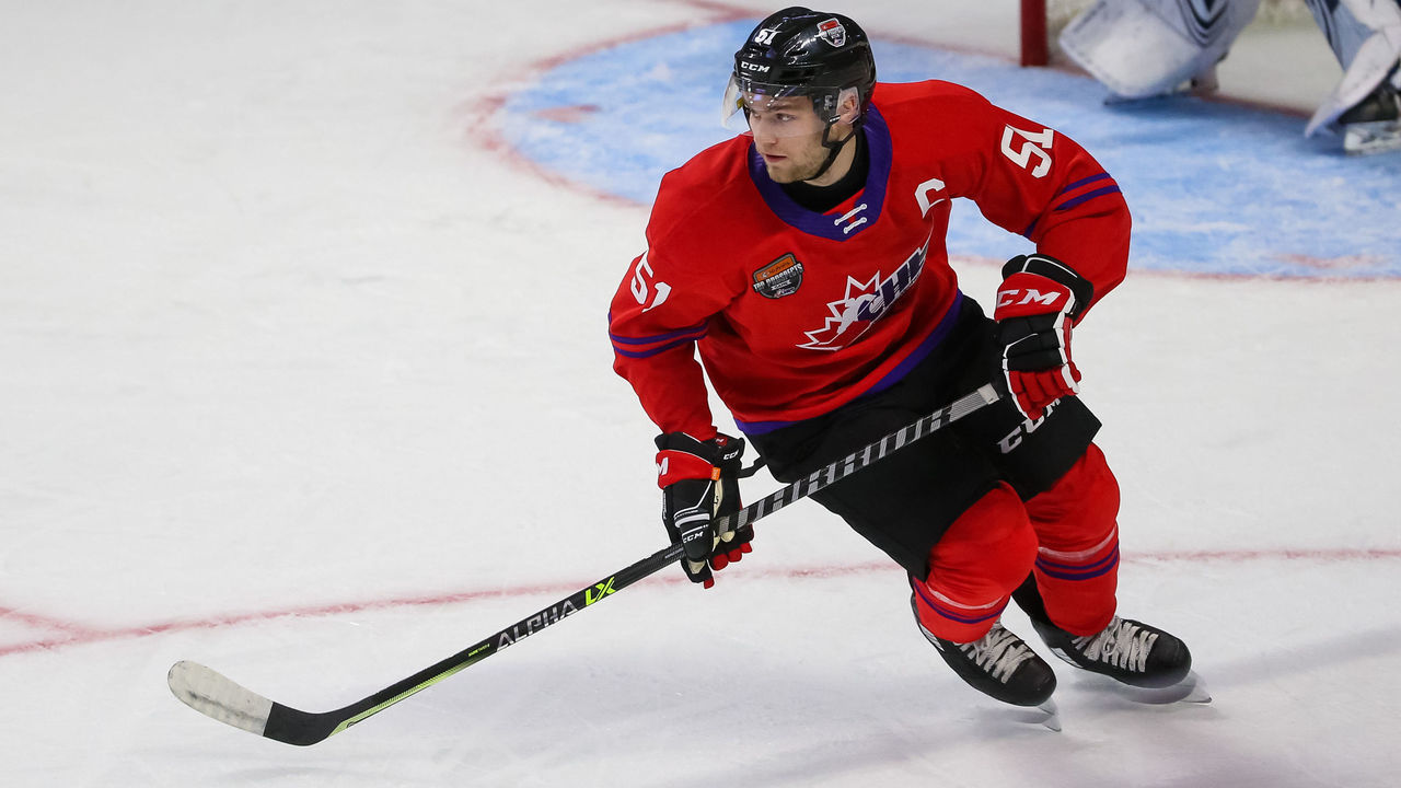 KITCHENER, ONTARIO - MARCH 23: Shane Wright #51 of Team Red skates against Team White in the 2022 CHL/NHL Top Prospects Game at Kitchener Memorial Auditorium on March 23, 2022 in Kitchener, Ontario.
