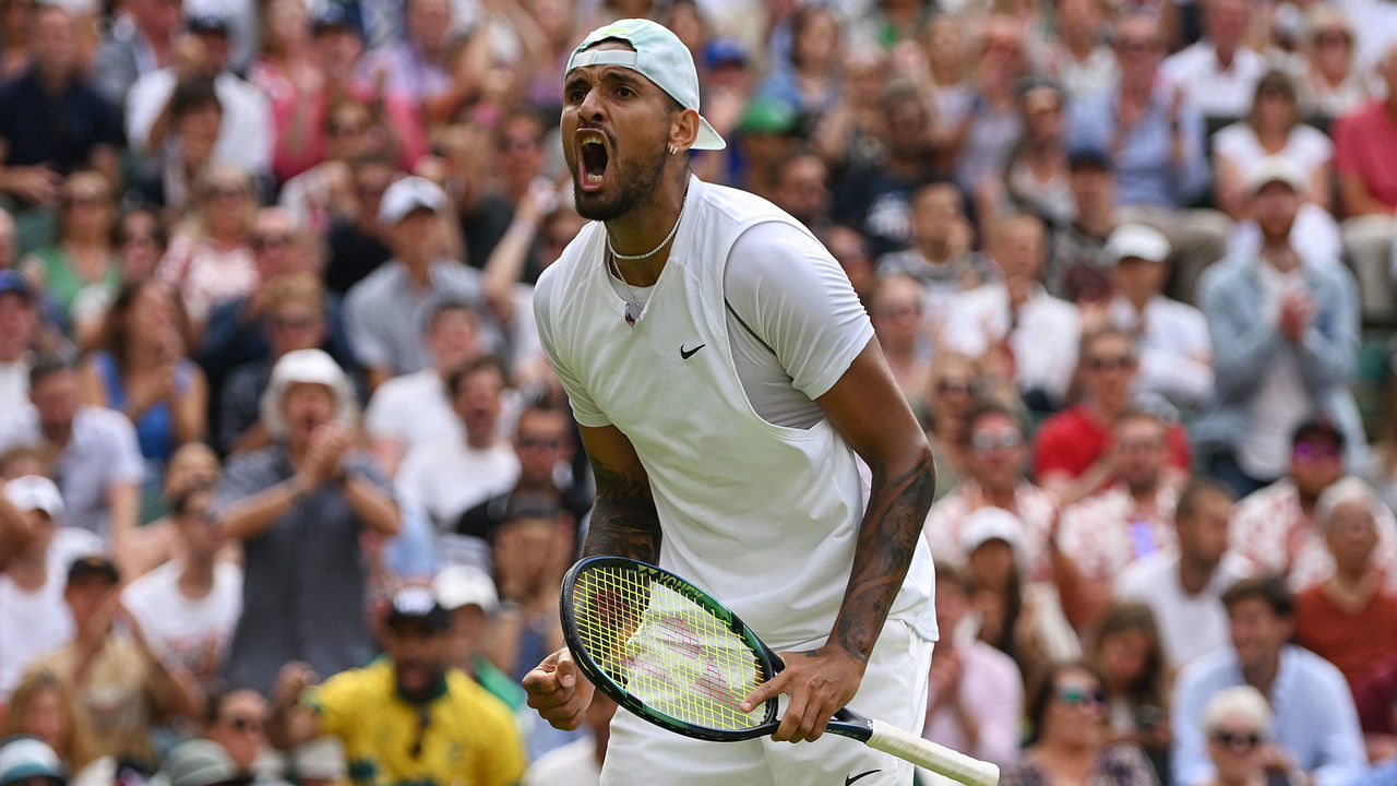 LONDON, ENGLAND - JULY 04: Nick Kyrgios of Australia celebrates a point against Brandon Nakashima of United States of America during their Men's Singles Fourth Round match on day eight of The Championships Wimbledon 2022 at All England Lawn Tennis and Croquet Club on July 04, 2022 in London, England.