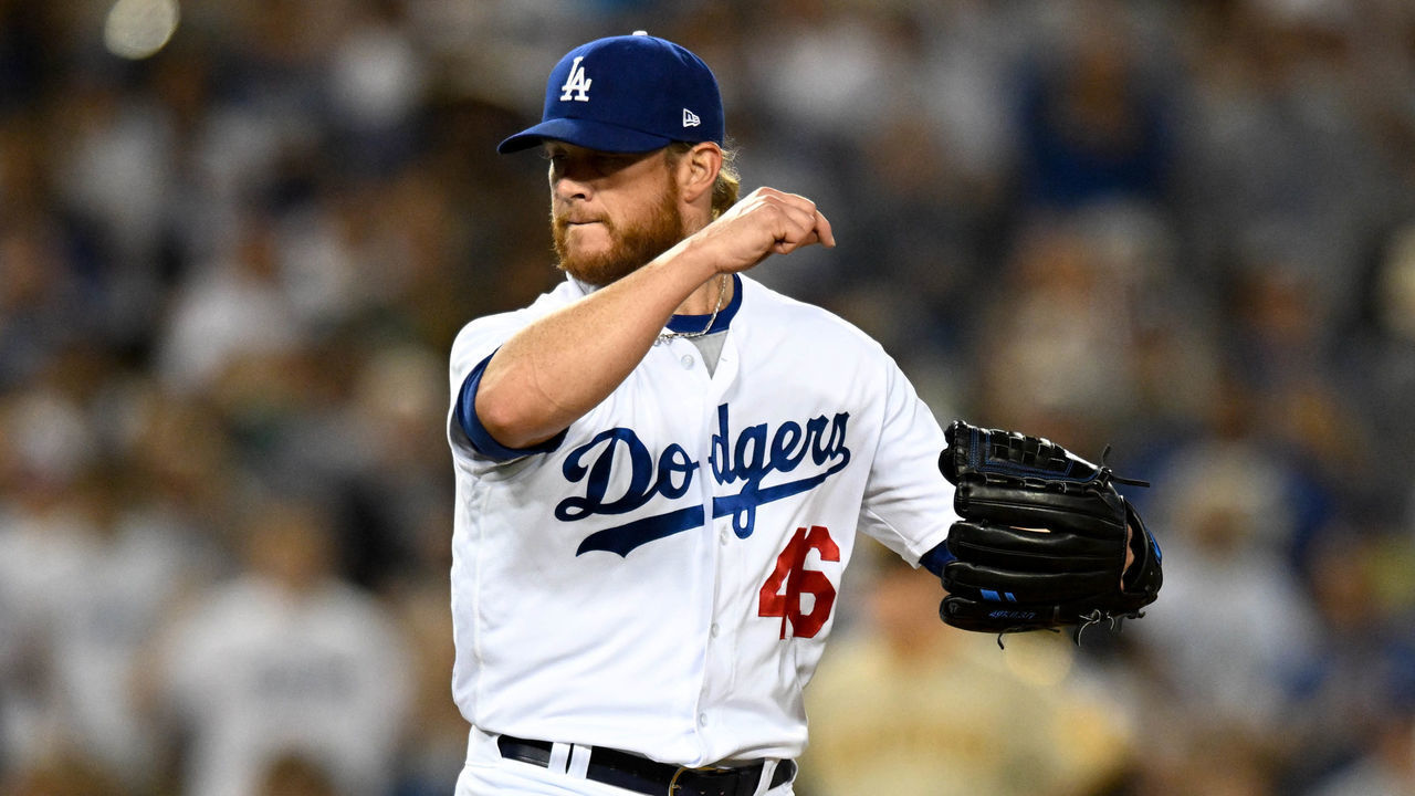 Los Angeles, CA - July 01:Dodgers Craig Kimbrel, #46, closed out the game with a strikeout at Dodger Stadium Friday, July 1, 2022. The Dodgers defeated the Padres 5-1.