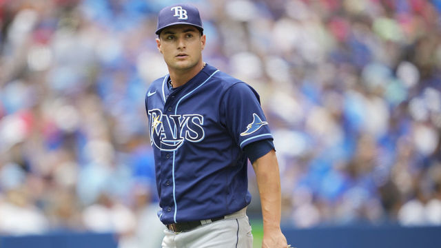 TORONTO, ON - JULY 2: Shane McClanahan #18 of the Tampa Bay Rays walks off the mound against the Toronto Blue Jays in the sixth inning during game one of a doubleheader at the Rogers Centre on July 2, 2022 in Toronto, Ontario, Canada.