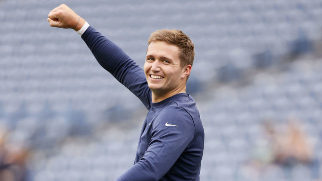 SEATTLE, WASHINGTON - AUGUST 21: Quarterback Drew Lock #3 of the Denver Broncos gestures before an NFL preseason game against the Seattle Seahawks at Lumen Field on August 21, 2021 in Seattle, Washington.