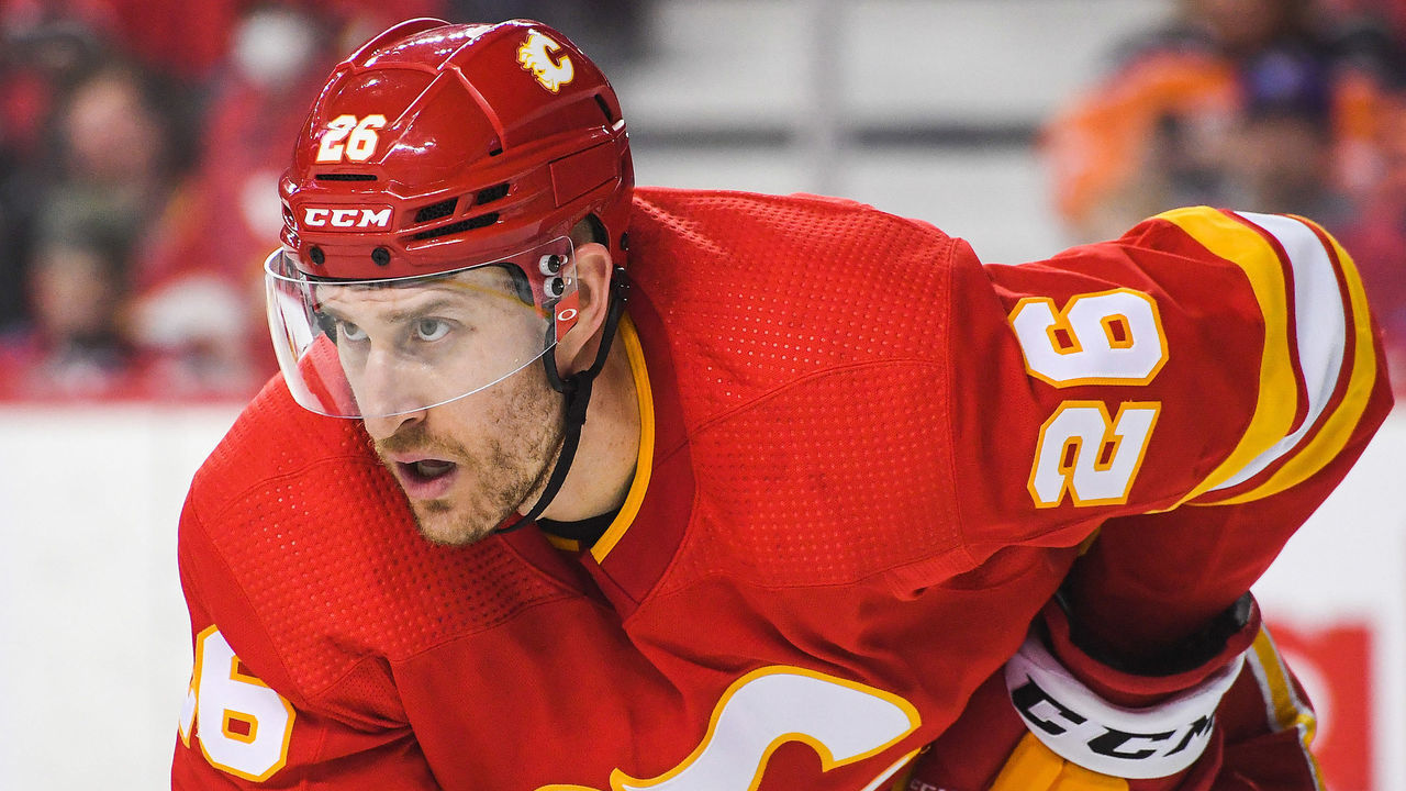CALGARY, AB - MAY 18: Michael Stone #26 of the Calgary Flames in action against the Edmonton Oilers during Game One of the Second Round of the 2022 Stanley Cup Playoffs at Scotiabank Saddledome on May 18, 2022 in Calgary, Alberta, Canada.