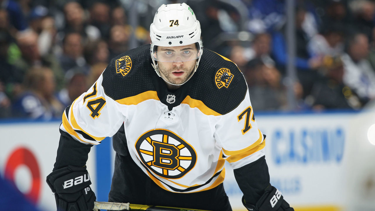 TORONTO, ON - APRIL 29: Jake DeBrusk #74 of the Boston Bruins waits for a puck drop against the Toronto Maple Leafs during an NHL game at Scotiabank Arena on April 29, 2022 in Toronto, Ontario, Canada. The Maple Leafs defeated the Bruins 5-2.