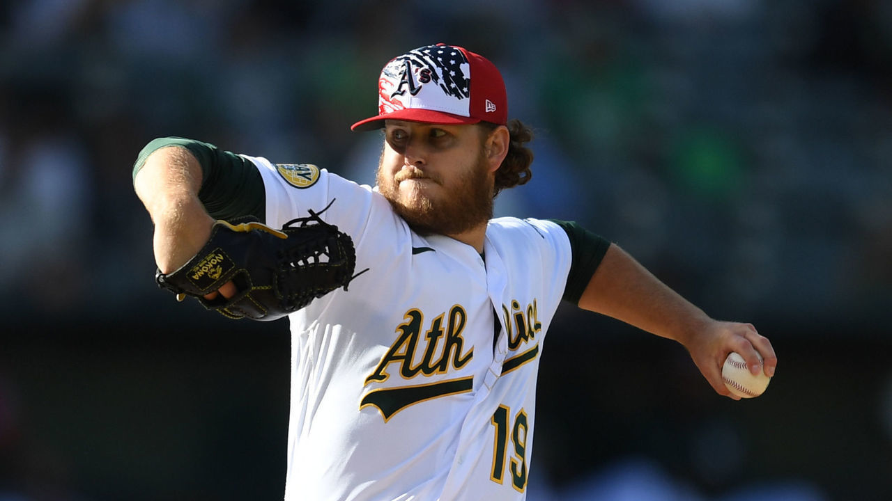 OAKLAND, CALIFORNIA - JULY 04: Cole Irvin #19 of the Oakland Athletics pitches to the Toronto Blue Jays in the top of the first inning at RingCentral Coliseum on July 04, 2022 in Oakland, California.