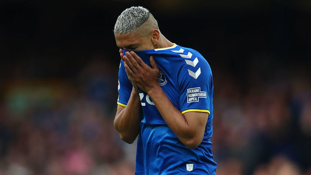 LIVERPOOL, ENGLAND - MAY 19: Richarlison of Everton reacts during the Premier League match between Everton and Crystal Palace at Goodison Park on May 19, 2022 in Liverpool, England.