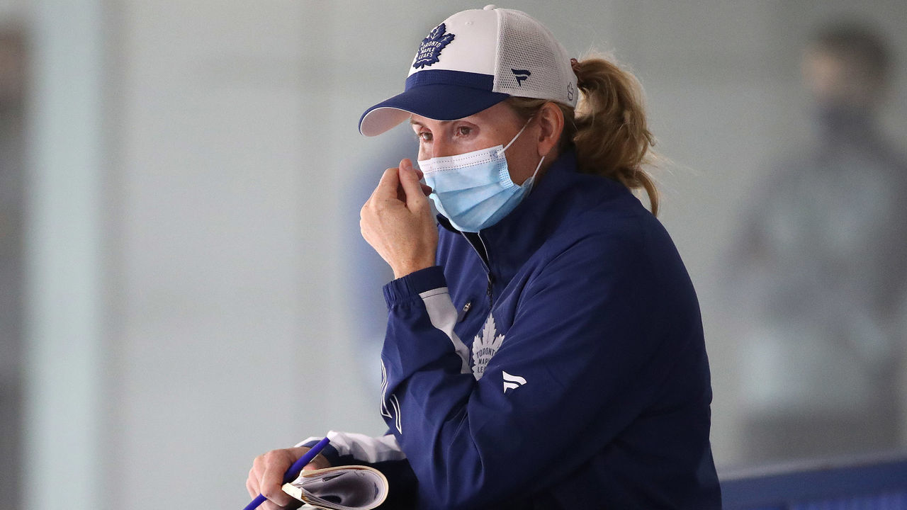 Toronto, ON- September 10 - Senior Director of Player Development for the Toronto Maple Leafs Hayley Wickenheiser watches from the stands. The Toronto Maple Leafs hold their development camp in Ford Performance Centre in Toronto. September 10, 2021. (Steve Russell/Toronto Star via Getty Images)