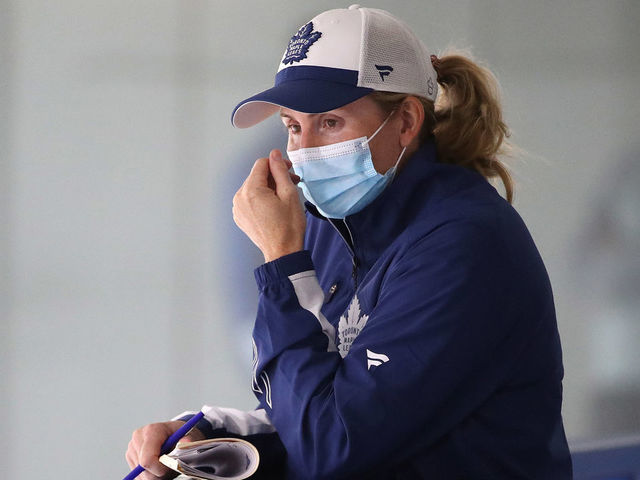 Toronto, ON- September 10 - Senior Director of Player Development for the Toronto Maple Leafs Hayley Wickenheiser watches from the stands. The Toronto Maple Leafs hold their development camp in Ford Performance Centre in Toronto. September 10, 2021. (Steve Russell/Toronto Star via Getty Images)