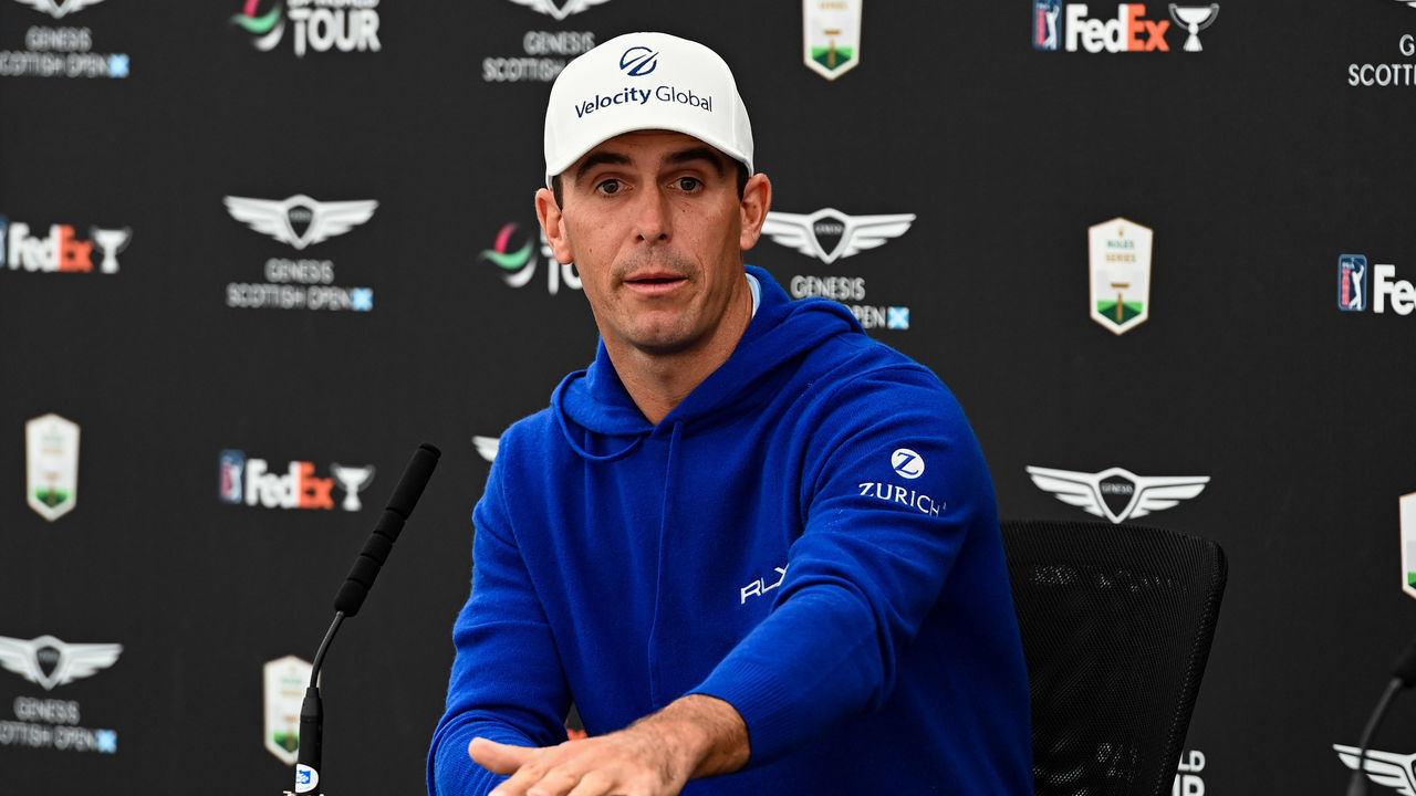NORTH BERWICK, SCOTLAND - JULY 05: Billy Horschel speaks to the media during a Genesis Scottish Open Media Day at Renaissance Club, on July 05, 2022, in North Berwick.
